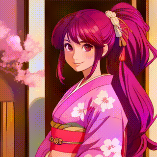 Smiling woman in purple kimono, long hair traditional Japanese setting, holding door, cherry blossom pattern, anime style. Exclude bad hair