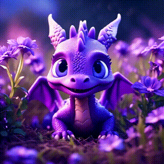 Playful baby dragon lying in a field of purple flowers, twinkling eyes, magical evening, pixar style
