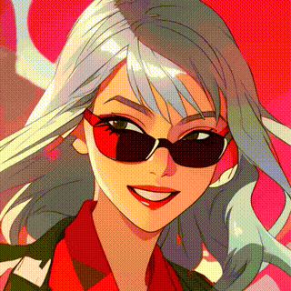 Stylish woman with silver hair and red sunglasses, laughing joyfully, red background, fashionable