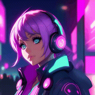 Futuristic cyberpunk woman with lavender hair and glowing headphones, neon city backdrop, stylish and techy
