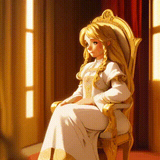 Blonde princess with braids, white gown, sitting on ornate throne, medieval fantasy, golden light, peaceful.