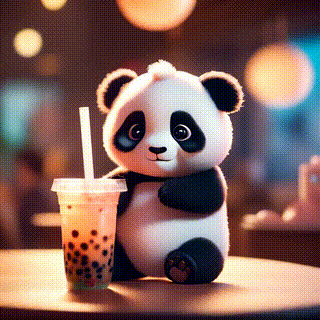 A cute and fluffy tiny panda bear with a bubble tea, set in a warm softly lit environment with a cozy atmosphere, The background has a soft focus, soft focus, pastel colors, cute, pixar style