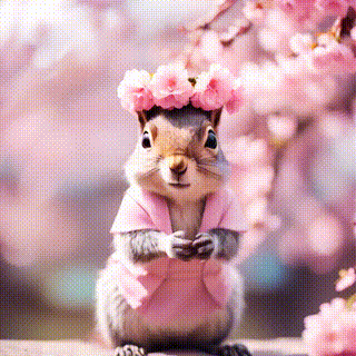 Adorable squirrel in pink dress, flower crown, surrounded by cherry blossoms, soft focus, pastel colors, cute, pixar style