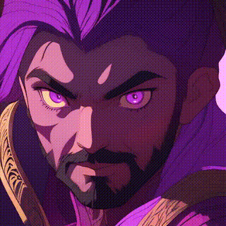 detail face, A mystical warrior with dark purple skin, glowing violet eyes, long white beard, He is clad in ornate black and pink armor with sharp spikes and intricate designs