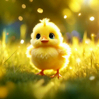 Fluffy yellow chick standing in sunlit grass, sparkles around, cute and magical., pixar style
