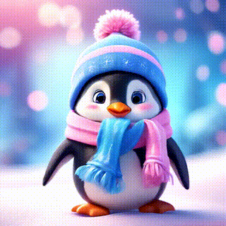 Adorable cartoon Adorable penguin in pink and blue winter hat and scarf, snowy background, cute and cozy,  pixar style