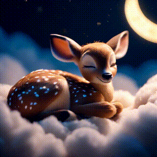 Sleeping fawn nestled in fluffy clouds under a starry sky, crescent moon glowing softly,  pixar style
