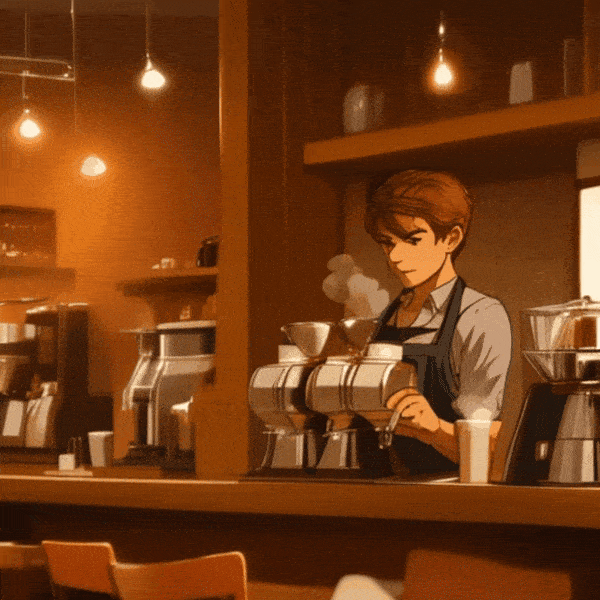 handsome, soft features, Barista making coffee, modern cafe, steam rising, detailed machinery, warm tones, focused expression, inviting atmosphere