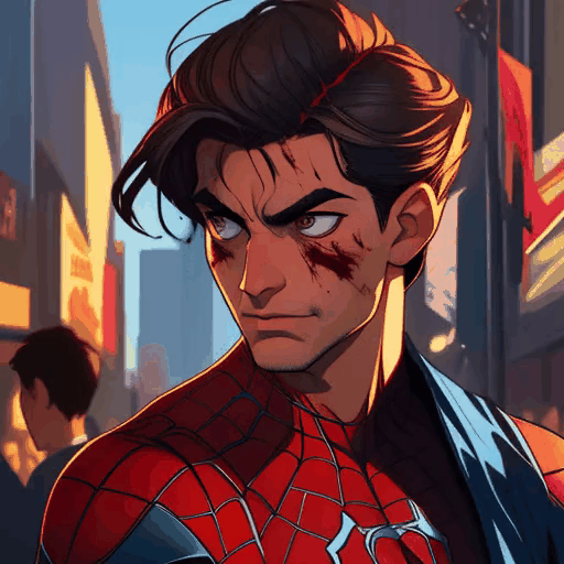 Handsome Brooding Spider-Man-inspired hero with tousled hair, bloodied face, in a bustling city background