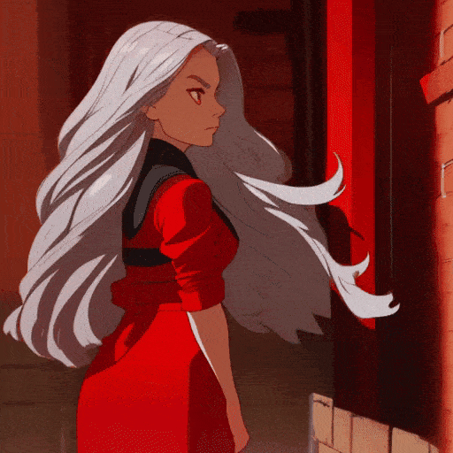 Confident woman with long silver hair, wearing a red and black outfit, standing against a brick wall in a dramatic , with intense lighting and a bold, assertive expression