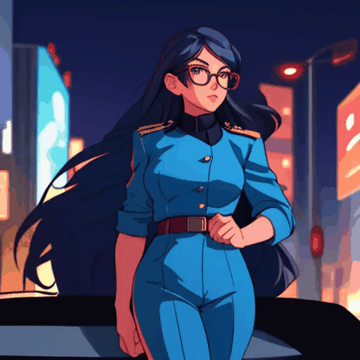 Confident beautiful female, long hair police officer in blue uniform, glasses, night city background, authoritative, composed, stylish
