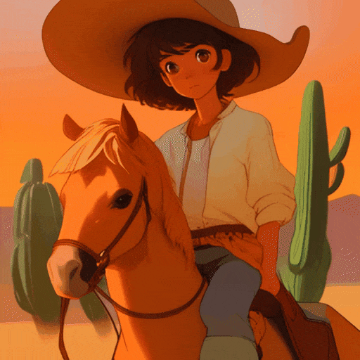 Masterpiece, best quality, 1boy, short hair, solo, riding horse,  desert, sunset, cactus, dusty trail, cowboy hat, wilderness, serene, orange sky, black hair, hazel eyes+