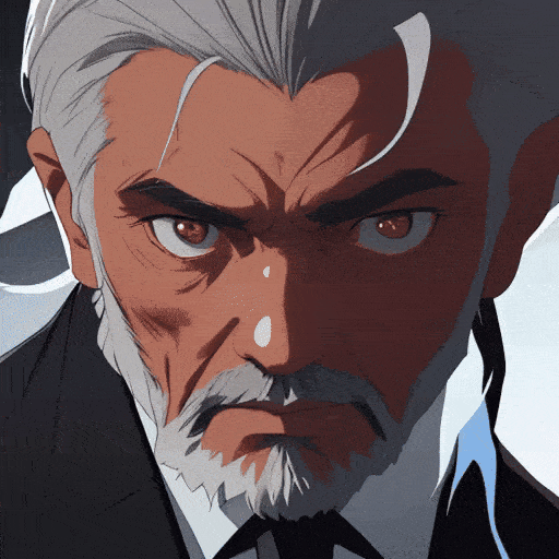 Elderly man with grey beard in a sleek black suit, intense gaze, dark background, professional portrait