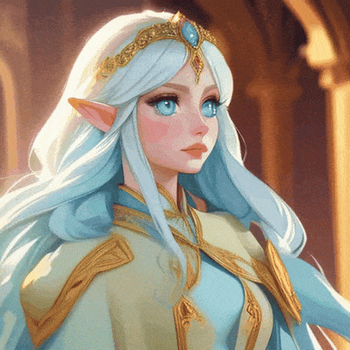 Elven queen, long white hair, blue eyes, ornate golden jewelry, regal, fantasy, detailed, ethereal beauty, masterpiece, best quality