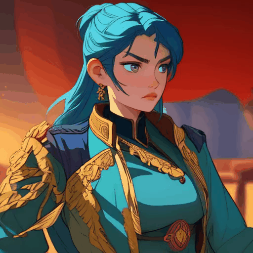 Fierce female warrior in ornate blue military uniform, commanding battlefield, intricate details, historical fantasy