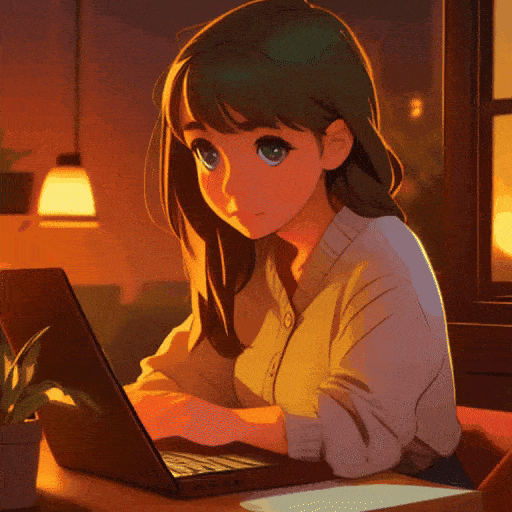 Focused girl working late at laptop, cozy room, warm glow, plants, city lights outside, dreamy atmosphere, detail face