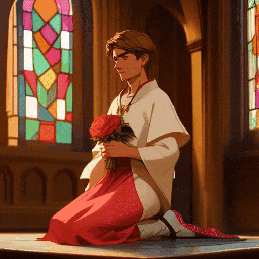 holding rose, Handsome young man  kneeling in cathedral, medieval attire, cross necklace, serene expression, stained glass windows