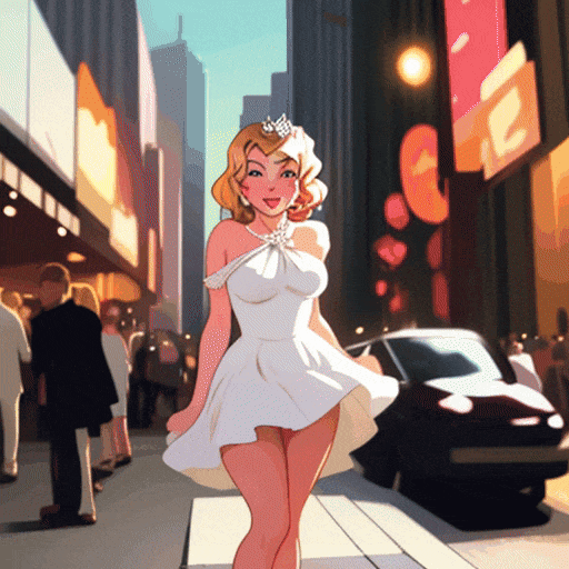 Masterpiece, best quality, marilyn monroe, solo, standing over a subway grate, white dress being playfully flowing by a breeze, urban setting, nighttime, blonde hair styled in glamorous waves, playful expression, iconic pose