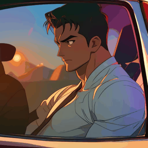 Muscular man in car, reflective mood, detailed, anime style