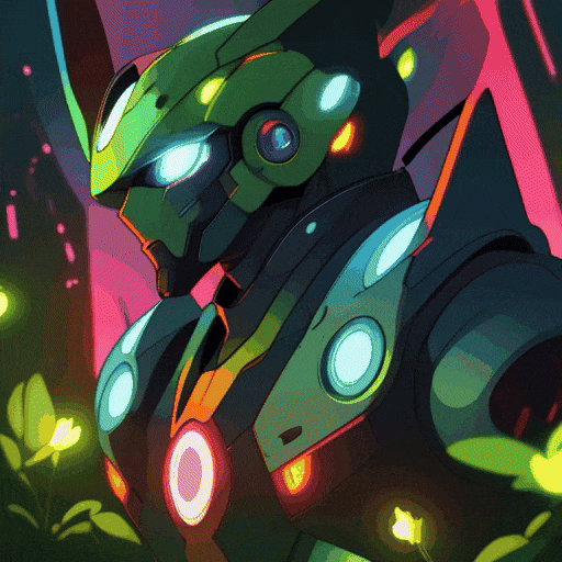 Masterpiece, best quality, 1 neon robot, solo, amidst glowing fireflies, twilight, bioluminescent plants, deep forest, soft green light, intricate copper design, blue eyes, neon bg