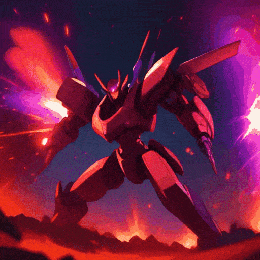 Massive purple robot with glowing red eyes, firing weapons, explosion background, intense battle scene, detail face, full body shot space background