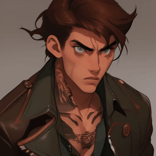 Handsome Rebellious young man in mugshot, leather jacket, tattoos, intense gaze, dark gritty background. full body shot, Exclude unwanted movement