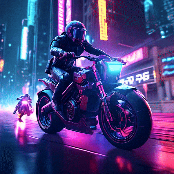 A futuristic robot riding a hoverbike through a neon-lit urban jungle, high-speed action, sharp contrasts, hyperdetailed cityscape.