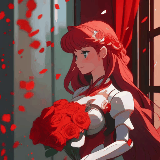 Romantic robot with red roses in hair, holding bouquet, petals falling, ethereal glass window background