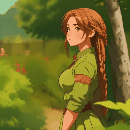 masterpiece, best quality, 1girl, brown braided-haired anime girl in military-style outfit, serene garden background, detailed, vibrant, confident gaze