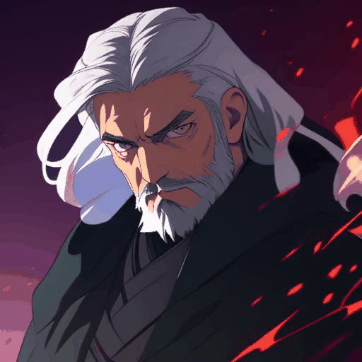 Mature man with silver hair and beard, intense gaze, black cloak, night sky, anime style
