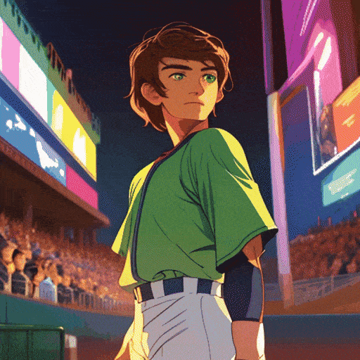 masterpiece, best quality, 1boy, solo, sports arena, night game, baseball, crowd cheering, spotlight, competitive, baseball uniform, brown hair, green eyes