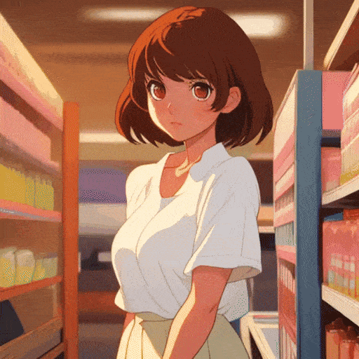 Anime girl with short brown hair, big expressive eyes, wearing a white shirt, standing in a brightly lit store 