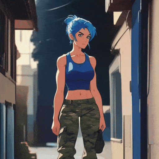 Strong, muscular woman with blue hair, wearing a tank top and camo pants, standing confidently in a dimly lit alley.