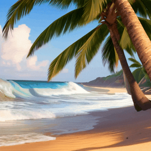 A tropical beach with waves crashing into the sandy shore