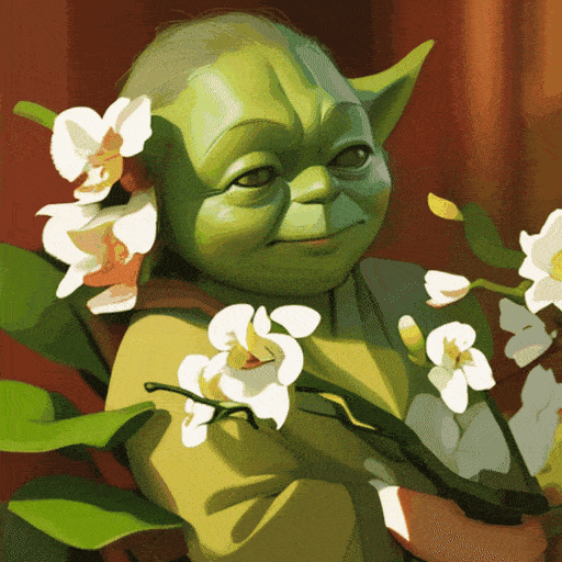 (yoda) in love, holding (orchids:1.1) , 8k, hyperrealistic,