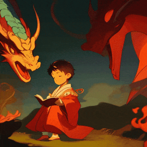 Young boy, reading book traditional robe, dragon spirit, mystical symbols, night scene, fantasy, glowing, 