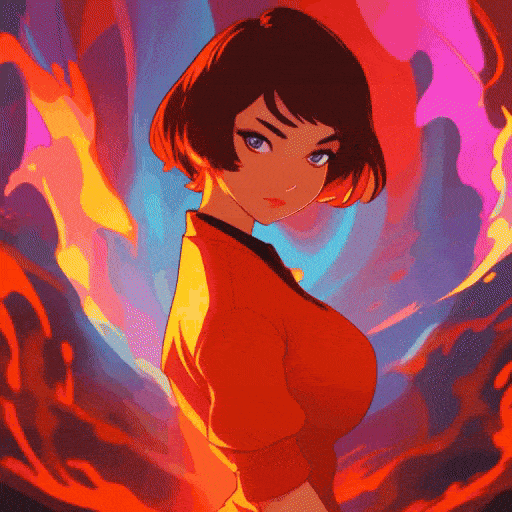 Young woman with short hair, intense gaze, flames around, vibrant background, detailed, captivating expression. Full body shot ,detail face