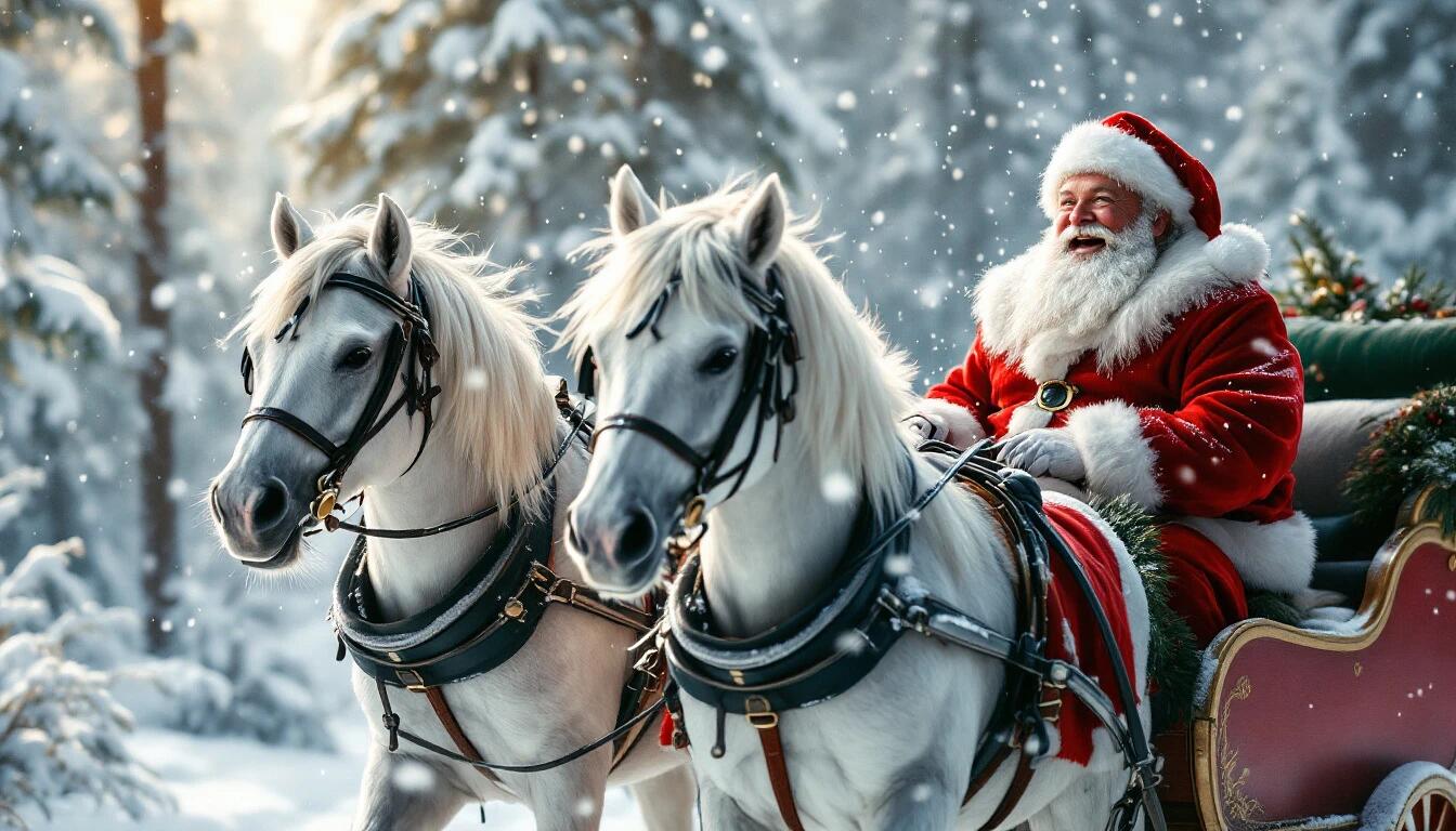 Santa in Sleigh with White Horses