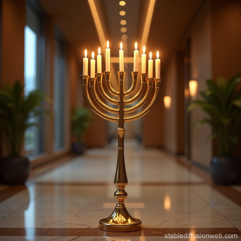Golden Menorah In Front Of Office Lobby