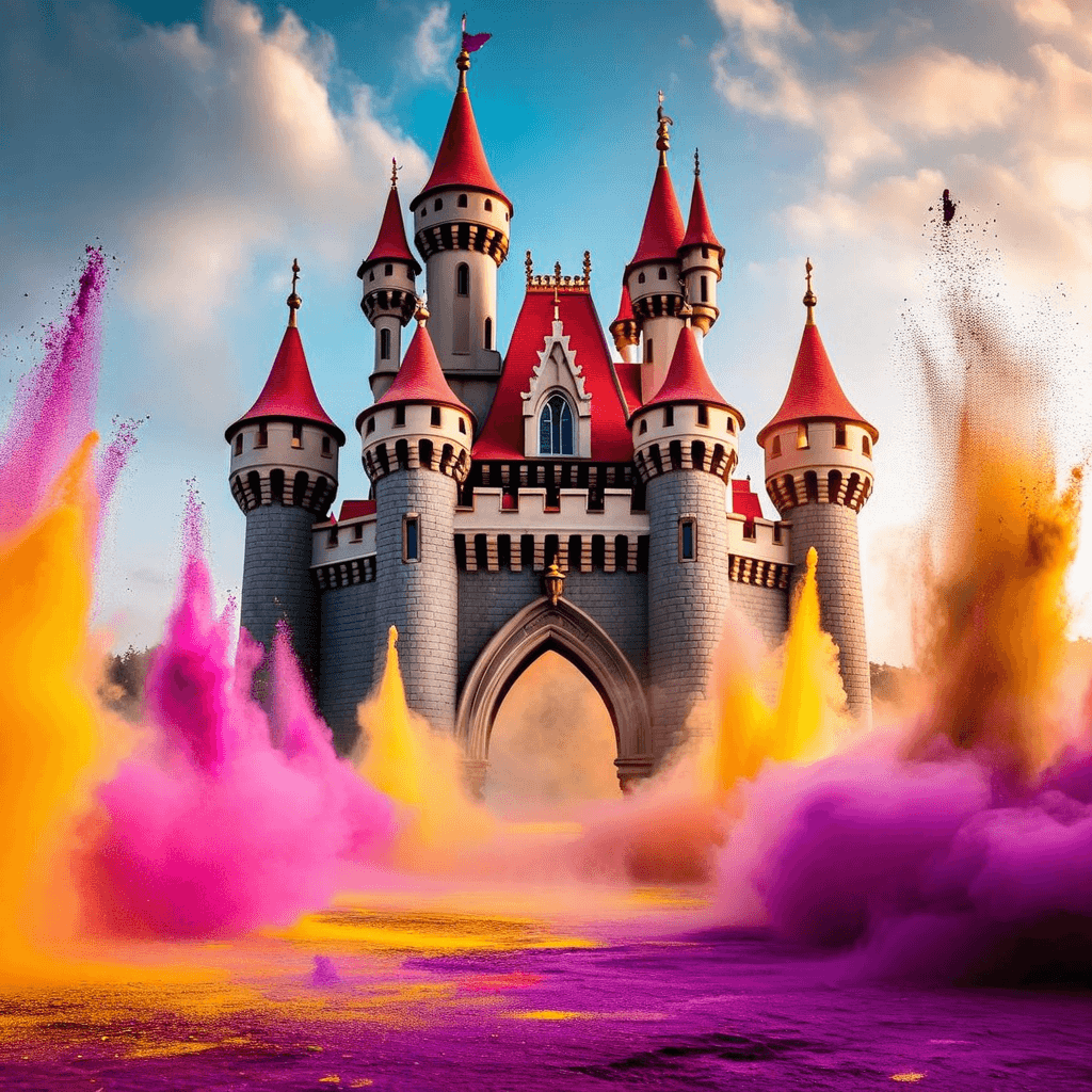 Mystical Holi: A Castle Surrounded by Floating Powders