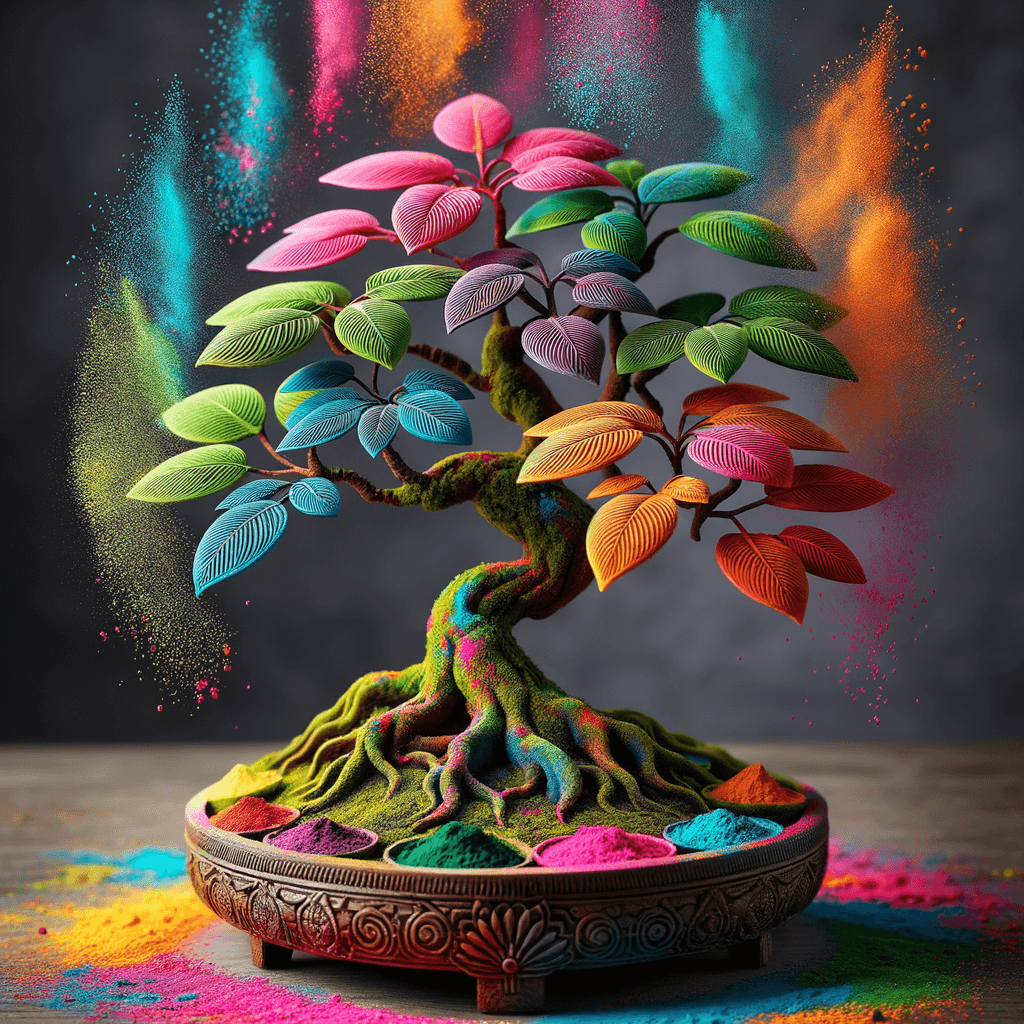 Bonsai of Colors: Tiny Leaves Made of Swirling Holi Powders