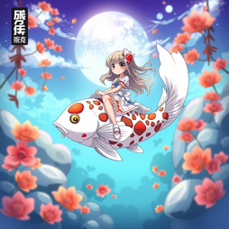 Anime style girl riding koi