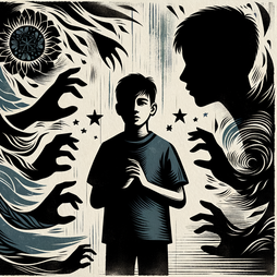 Woodblock print of boy and nightmares