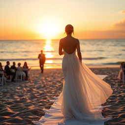 Bride walks at beach sunset
