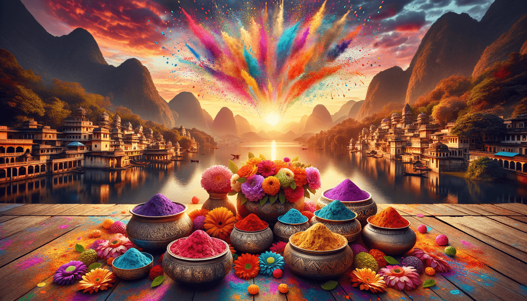 Holi & Harmony: A Sunset Celebration with Mountains & Lakes