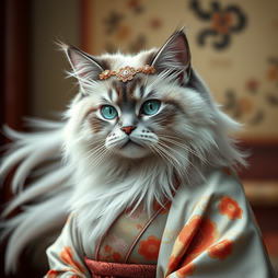 Cat with kimono and ornaments